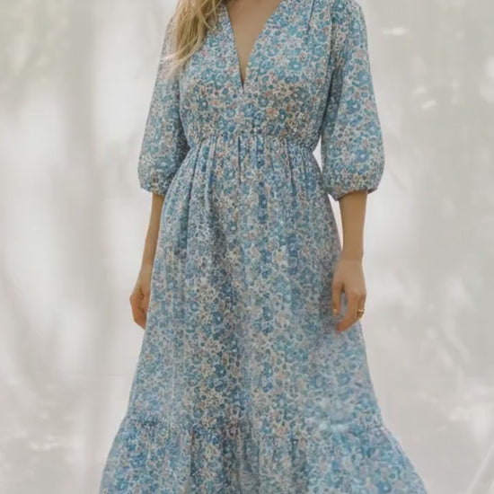 Liberty London Floral Maxi Dress, Blue Pink Ditsy Cotton Tana Lawn Gown, 3/4 Sleeve