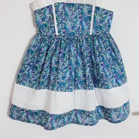 Liberty London Blue Yellow Pink Floral Print Sun Dress, Short Puffed Sleeves Handmade Dress