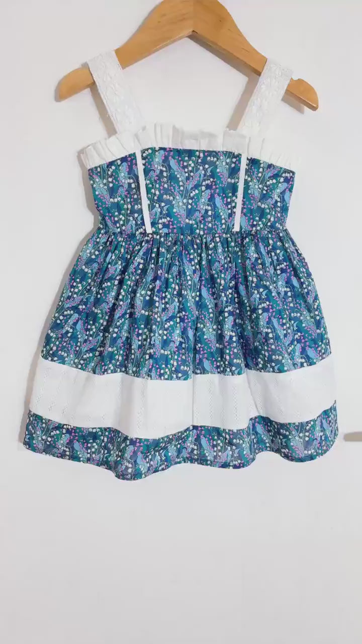 Liberty London Blue Yellow Pink Floral Print Sun Dress, Short Puffed Sleeves Handmade Dress