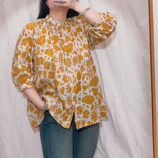 Mandarin Collar Liberty Blouse Floral Print 3/4 Sleeves