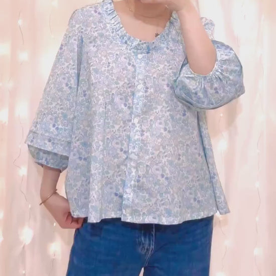 Liberty of London Ruffle Collar Blouse - 3/4 Sleeves - Oversize Liberty Blouse - Ditsy Floral Print Liberty Blouse - Loose Fit Blouse