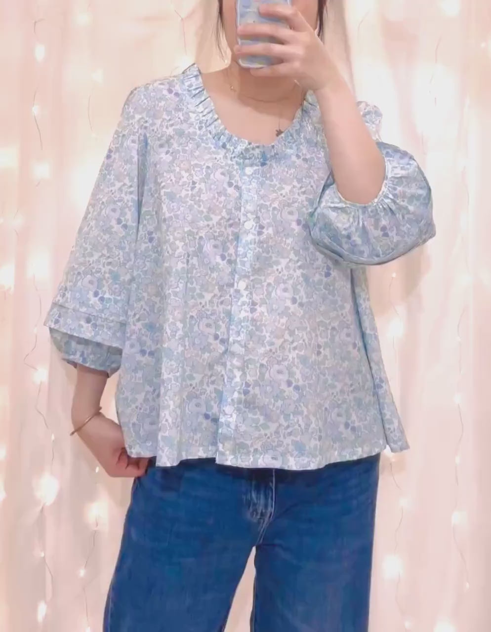 Liberty of London Ruffle Collar Blouse - 3/4 Sleeves - Oversize Liberty Blouse - Ditsy Floral Print Liberty Blouse - Loose Fit Blouse