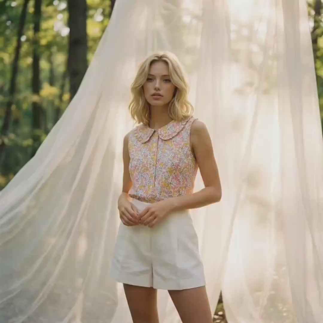 Liberty London Sleeveless Frilled Peter-Pan Collared Button-up Blouse, Tailoring Handmade Clothing, Sustainable Botanical Womenswear