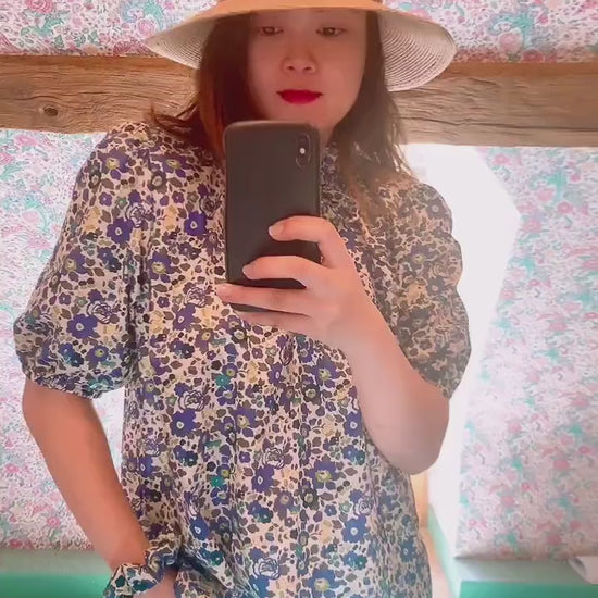 Ruffle Collar Liberty Floral Print Top: Puffy Half Sleeve Blouse