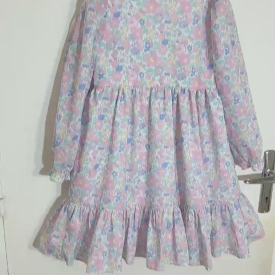 Liberty London Pastel Pink Long Sleeves Dress, Heirloom Wedding Flower Girl Gown, Handmade Clothing