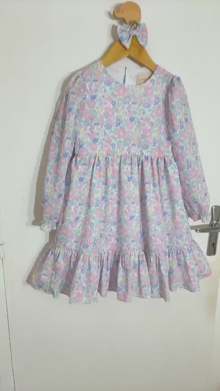 Liberty London Pastel Pink Long Sleeves Dress, Heirloom Wedding Flower Girl Gown, Handmade Clothing