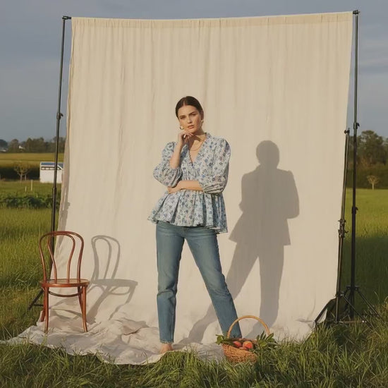 Liberty London Blue Felicite V-Neck Peplum Blouse, 3/4 Sleeves Puffy Ruffle Collar Handmade Top