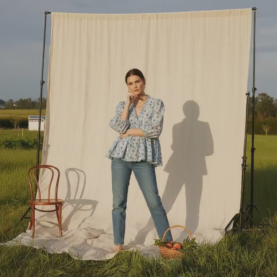 Liberty London Blue Felicite V-Neck Peplum Blouse, 3/4 Sleeves Puffy Ruffle Collar Handmade Top