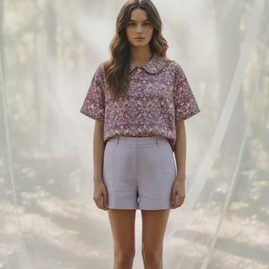 Liberty London Peter Pan Collar Short Sleeves Blouse, Handmade Purple Strawberry Thief Print Top