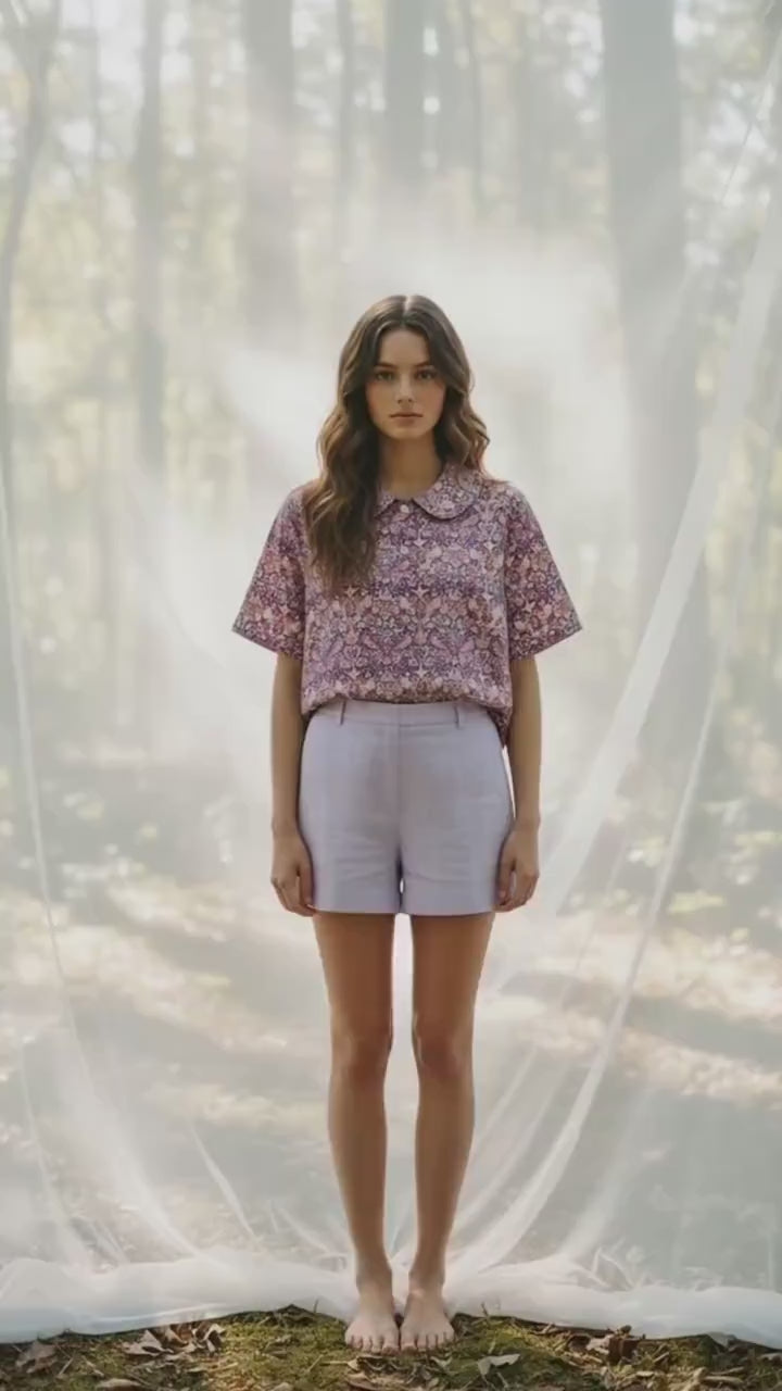 Liberty London Peter Pan Collar Short Sleeves Blouse, Handmade Purple Strawberry Thief Print Top