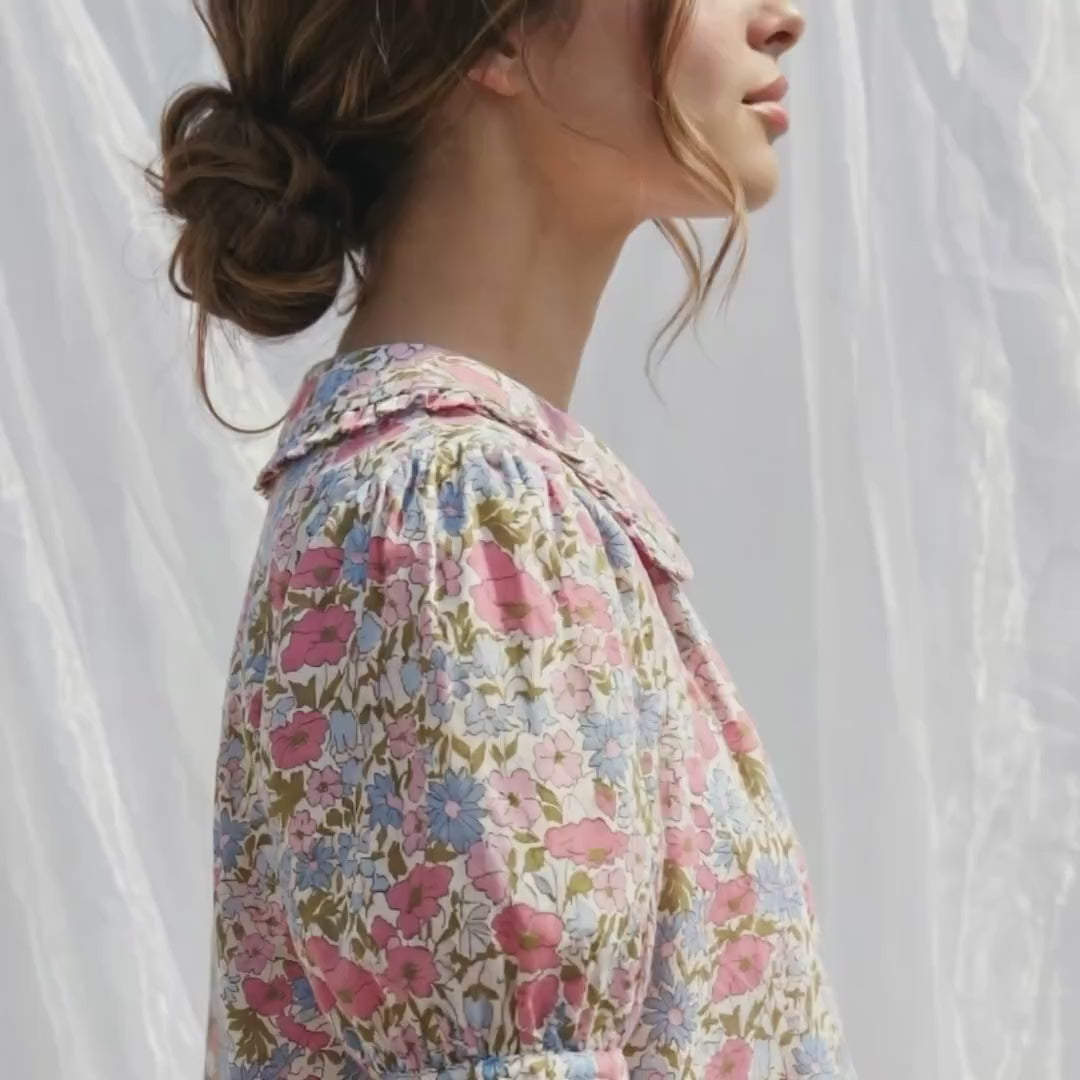 Liberty London Frilled Peter-Pan Collared Handmade Blouse, Button-up Puffed-Sleeves Chemise, Sustainable Tailoring Slow-fashioned Top