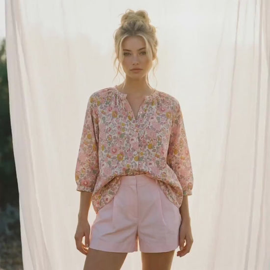 Liberty London Pastel-coloured Floral Botanical Gathered Blouse, Three-quarter Bishop Sleeves Shirt, Handcrafted Tailoring Clothing