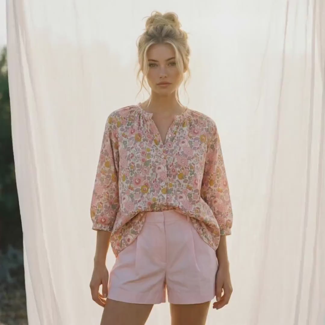 Liberty London Pastel-coloured Floral Botanical Gathered Blouse, Three-quarter Bishop Sleeves Shirt, Handcrafted Tailoring Clothing