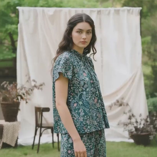 Liberty London Floral Print Lounge Set, Ruffle Collar Short Sleeve Top Wide Leg Shorts