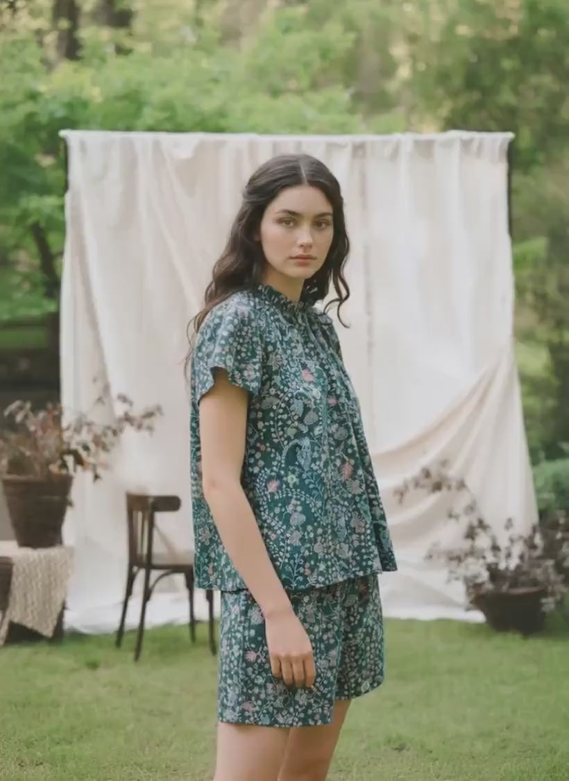 Liberty London Floral Print Lounge Set, Ruffle Collar Short Sleeve Top Wide Leg Shorts