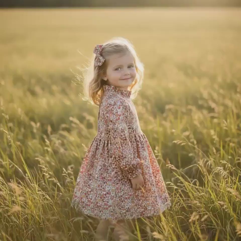 Liberty London Girl Dress, Rust Floral Cotton Tana Lawn, Ruffle Collar, Handmade