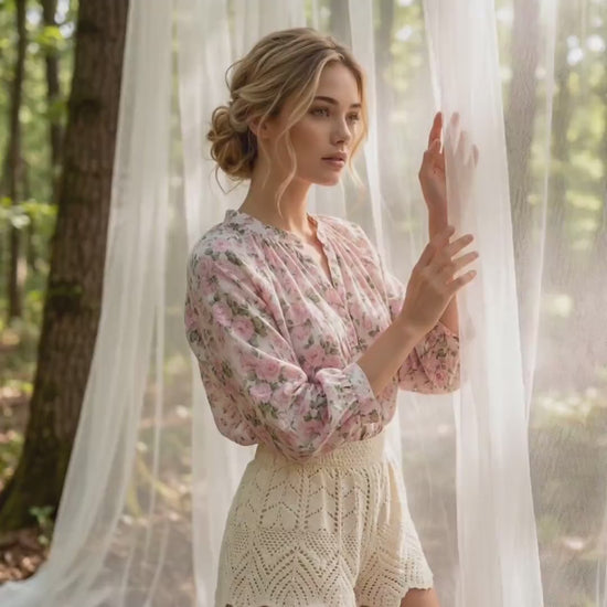 Peasant Liberty London Mandarin-collared Blouse, 3/4 Raglan-Sleeved Button-up Top, Handmade Floral-Print Womenswear, Sustainable Clothing