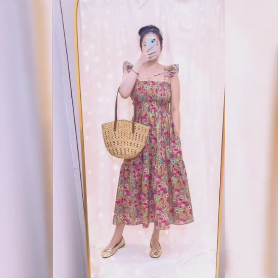 Liberty London Smock Dress, Colorful Floral Cotton Tana Lawn, Midi Sun Dress