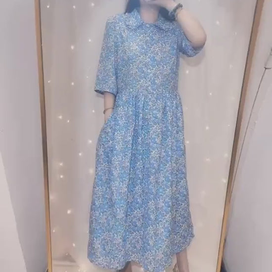 Liberty London Midi Frilled Peter Pan Collar Dress, Puffed Half Sleeves Tana Lawn Gown
