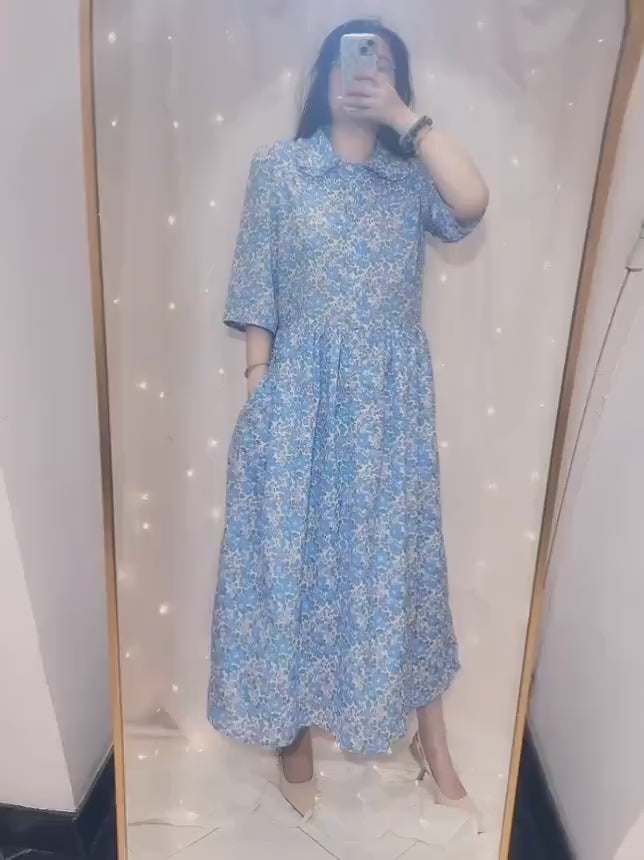 Liberty London Midi Frilled Peter Pan Collar Dress, Puffed Half Sleeves Tana Lawn Gown