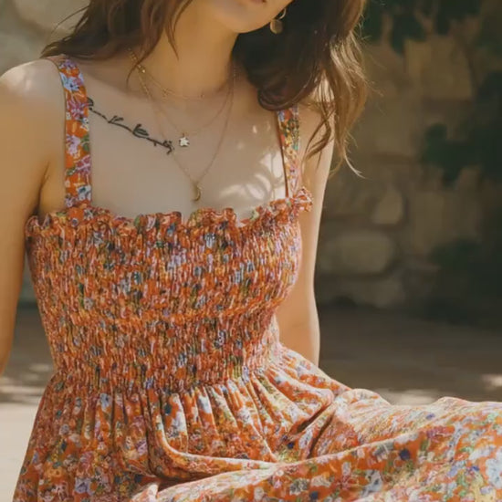 Liberty London Cotton Midi Sun Dress, Shirred Floral Smock, Summer Botanical Print