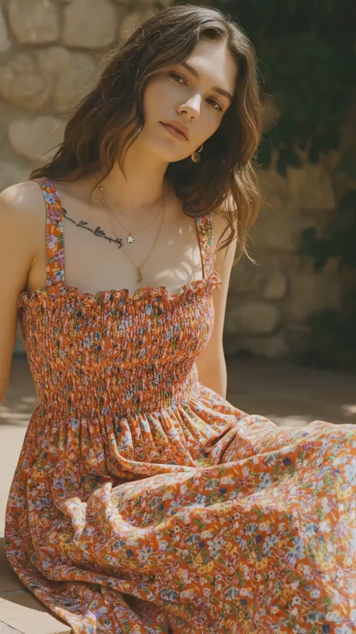 Liberty London Cotton Midi Sun Dress, Shirred Floral Smock, Summer Botanical Print