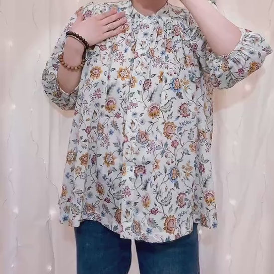 Flowy Gather Liberty London Ditsy Floral Blouse: 3/4 Sleeves Top, Mandarin Collar, Button Through