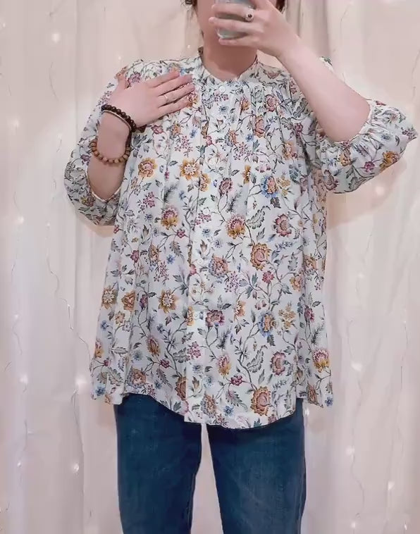 Flowy Gather Liberty London Ditsy Floral Blouse: 3/4 Sleeves Top, Mandarin Collar, Button Through