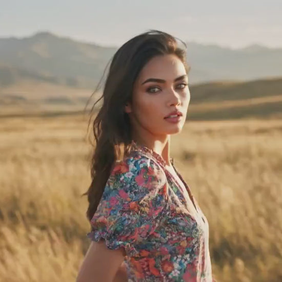 Liberty London V-Neck Short-sleeved Midi-Length Sun Dress, Sustainable Handmade Womenswear, Botanical Floral Slow-Fashion Clothing