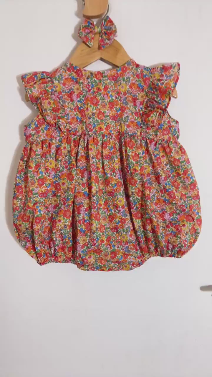 Liberty London Handmade Bubble Romper,Ditsy Floral Print Rainbow Sleeveless Onesie,Personalised Cotton Tana Lawn Clothing,New Born Baby Gift