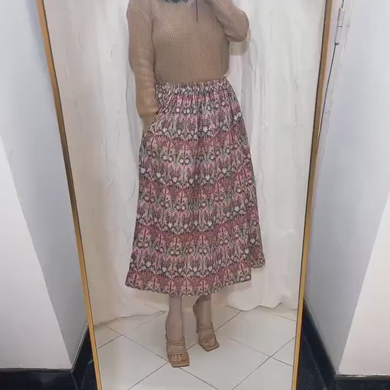 Midi Floral Liberty London A-Line Skirt: Elastic Waist Flare Skirt, Ditsy Botanical Print