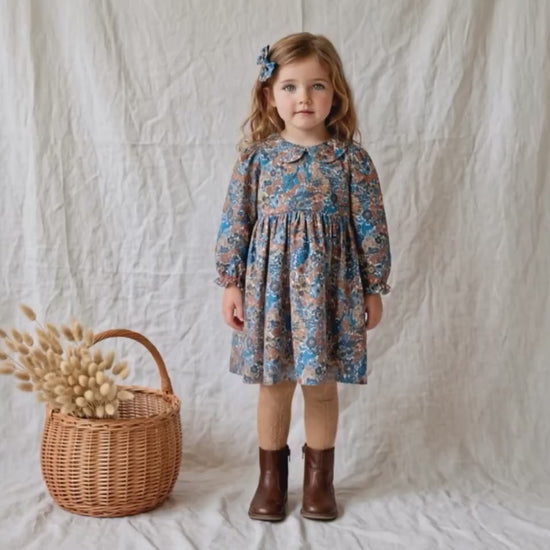 Liberty London Long Sleeve Peter Pan Collar Girl Dress: Floral Print Cotton Fabric