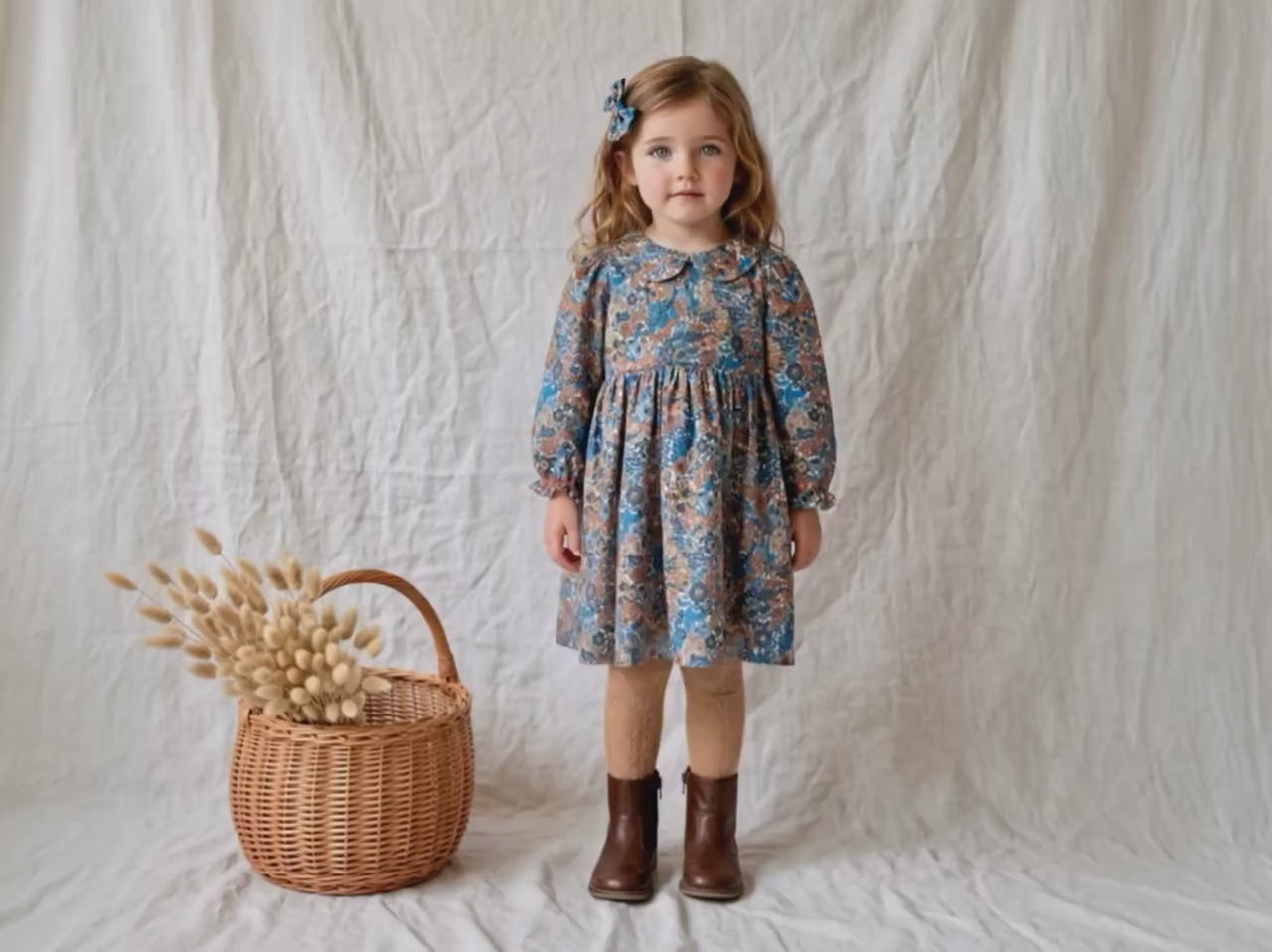 Liberty London Long Sleeve Peter Pan Collar Girl Dress: Floral Print Cotton Fabric