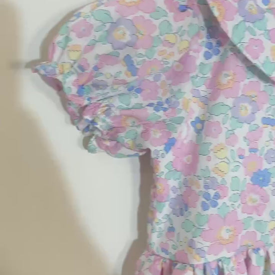 Liberty London Pastel Pink Blue Floral Print Dress, Peter Pan Collar Short Sleeves Dress