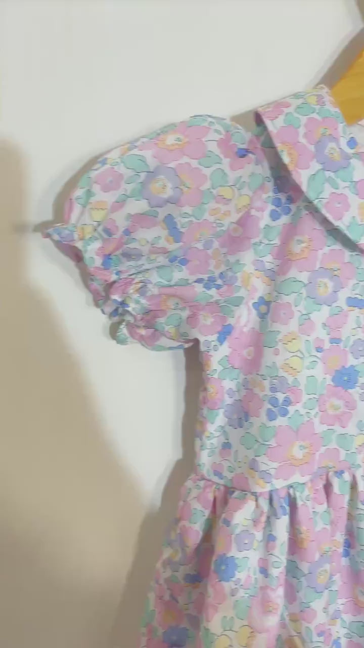 Liberty London Pastel Pink Blue Floral Print Dress, Peter Pan Collar Short Sleeves Dress