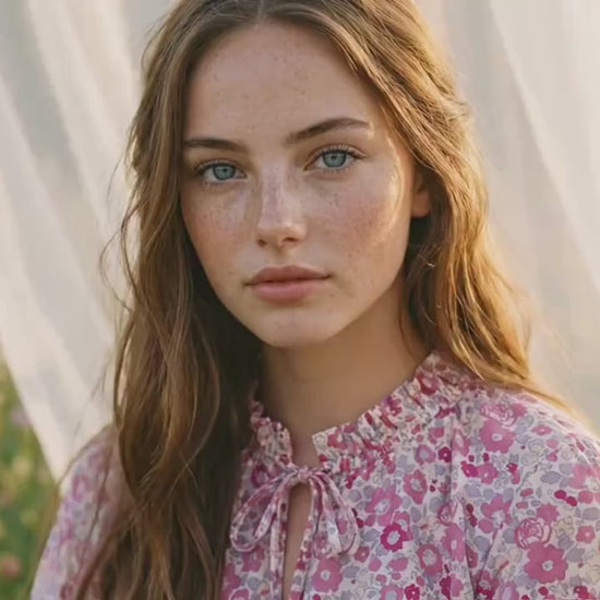 Liberty London Ruffle-Collared Three-Quarter Botanical Floral-Print Blouse, Handmade Womenswear, Sustainable Slow Fashion Tailoring Clothing