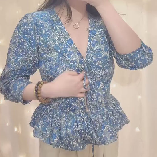 V-Neck Liberty Ditsy Print Peplum Top: Botanical 3/4 Sleeves, Magaret Annie Blue Floral Blouse