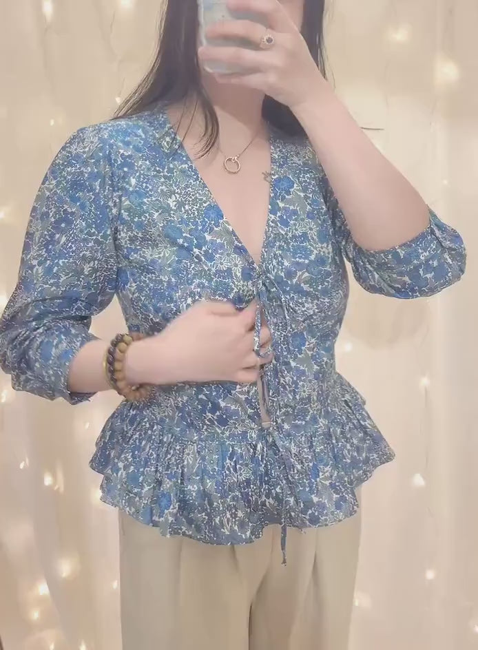 V-Neck Liberty Ditsy Print Peplum Top: Botanical 3/4 Sleeves, Magaret Annie Blue Floral Blouse