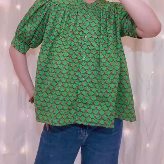 Liberty Mandarin Collar Gather Blouse: Ditsy Floral Print, Botanical Short Sleeve Shirt