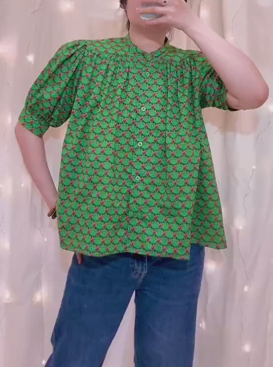 Liberty Mandarin Collar Gather Blouse: Ditsy Floral Print, Botanical Short Sleeve Shirt