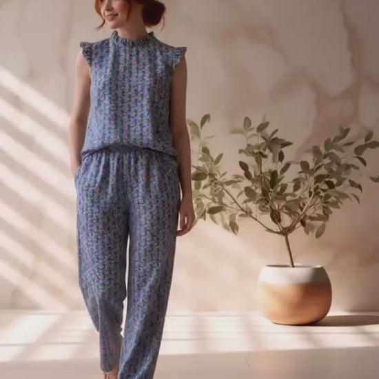 Liberty London Floral Loungewear Set, Ruffle Top, Wide Leg Pants, Handmade Cotton