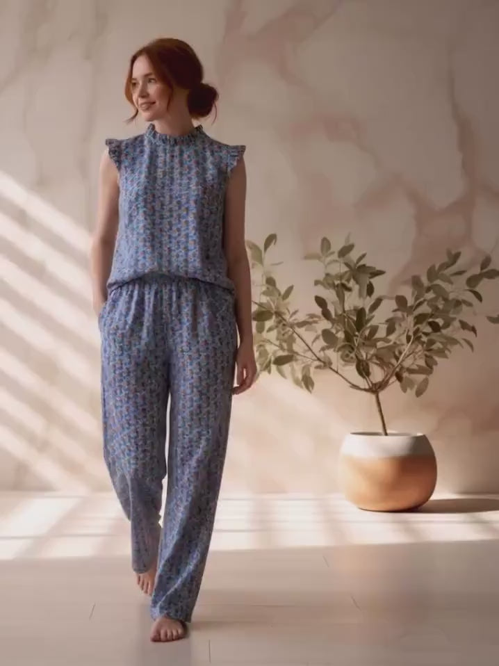 Liberty London Floral Loungewear Set, Ruffle Top, Wide Leg Pants, Handmade Cotton
